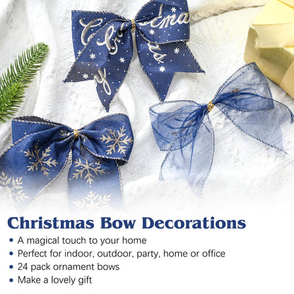Norme 24 Pcs Navy Blue Christmas Ribbon Bows with Twist Tie Pretied Premade Navy Blue and Gold Ribbon Bows for Xmas Tree Wreath Garland Home Decor Indoor Outdoor Decorations