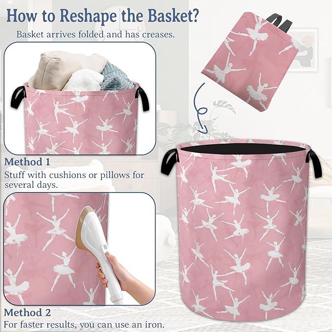 Cute Ballet Dancer Laundry Basket, Foldable Oxford Cloth Pink Laundry Hamper