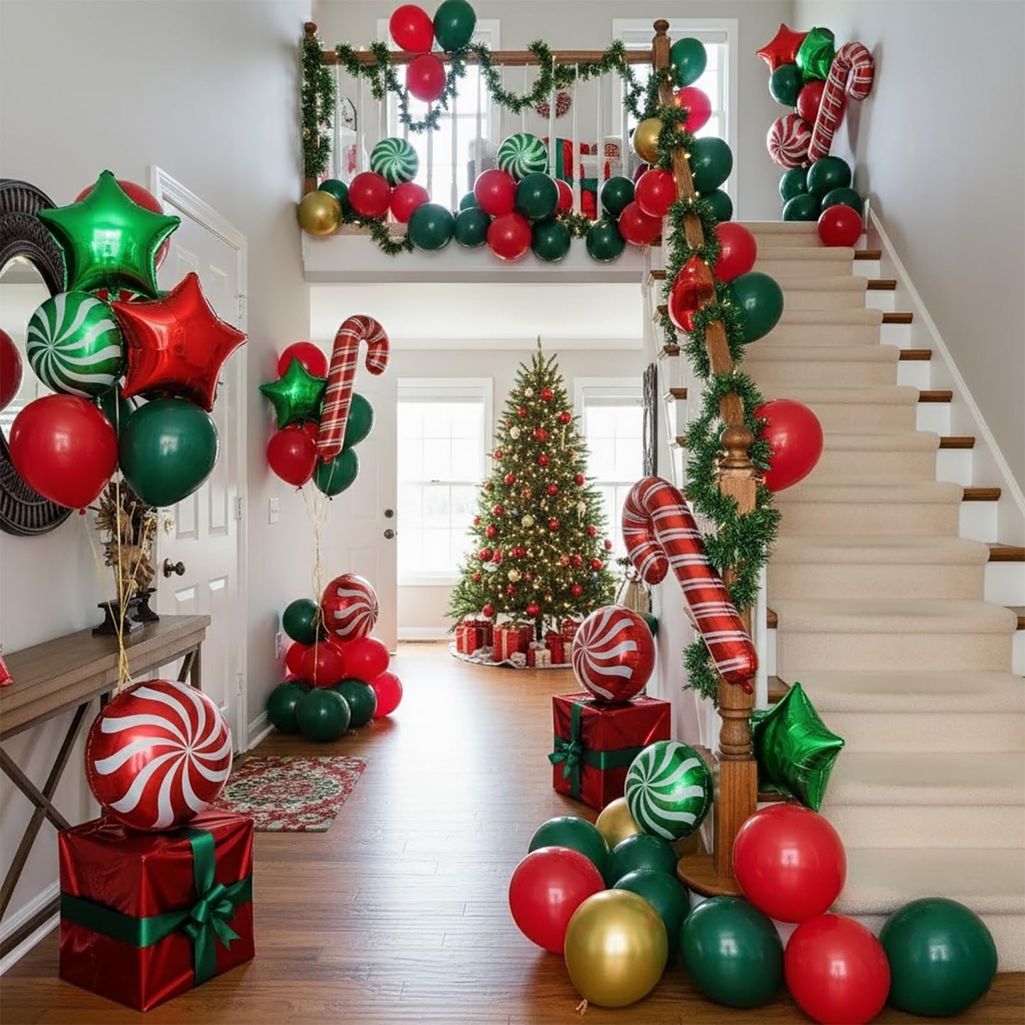Red hunter Green Gold Christmas Balloon Garland Arch Kit Candy Cane Lollipop Balloons Box Foil Balloons glitter Tinsel Garland for Xmas Balloon Garland Kit Christmas Party Decorations