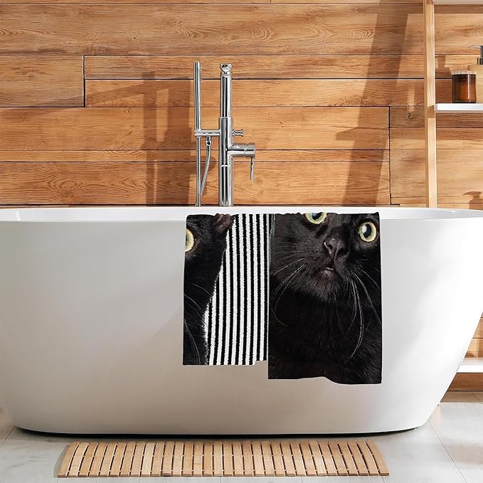 Cute Black Cat Hand Towel for Bathroom Set of 2, Cat on Black White Stripes
