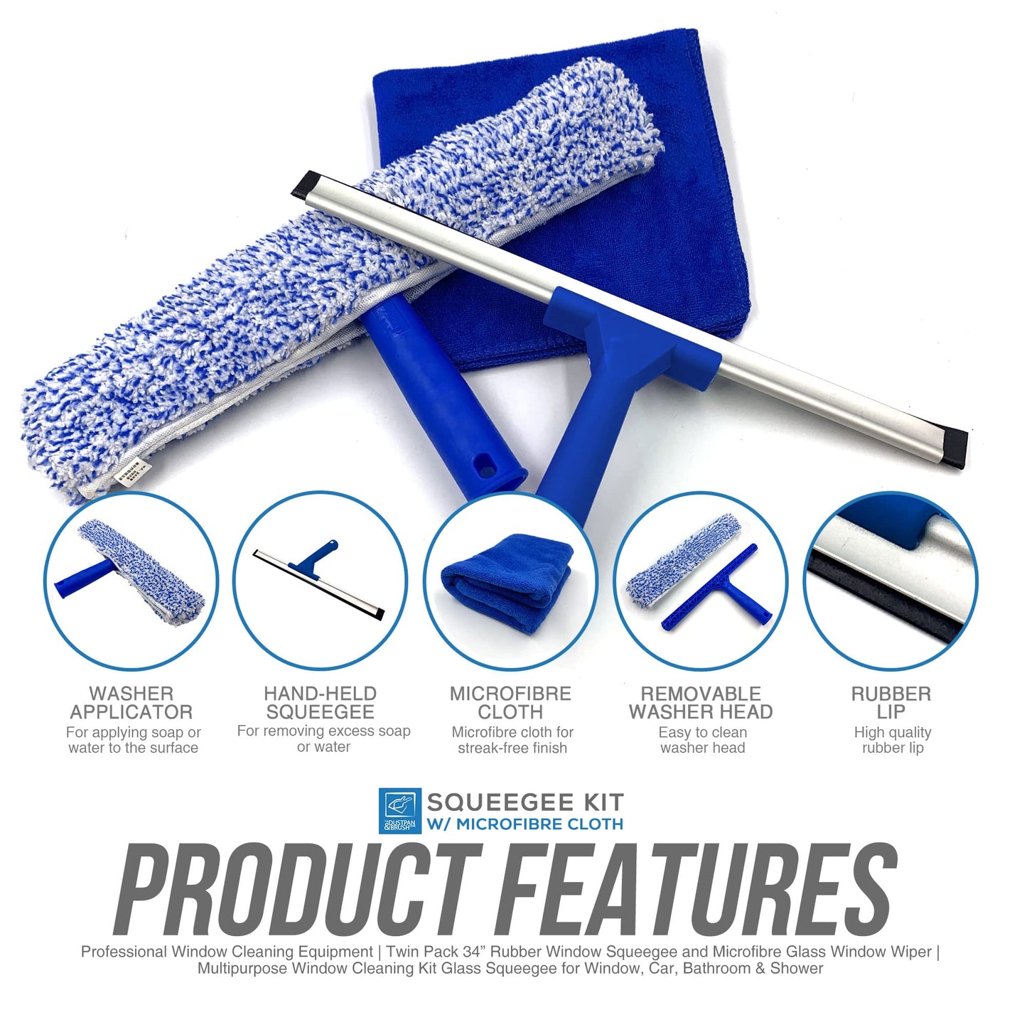 Rubber Squeegee Window Cleaner and Microfibre Glass Wiper, Twin Pack 14” Multipurpose Professional Cleaning Kit for Window, Car, Bathroom & Shower