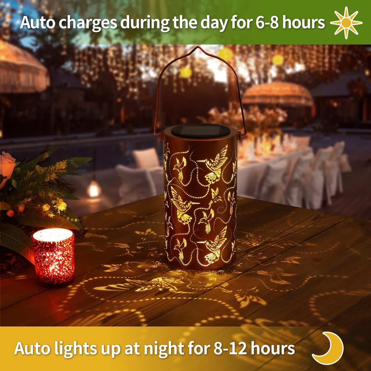 Solar Lanterns Outdoor Hanging Hummingbird Decor Lantern,Waterproof Hollow Out Metal Decorative Garden Light,Graceful Decoration for Patio,Yard,Landscape,Walkway,Festival