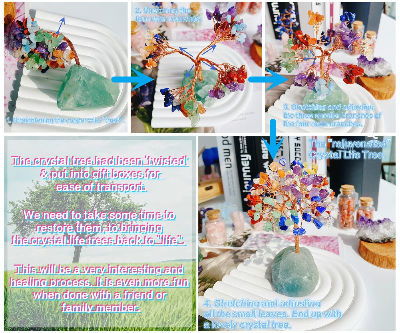 QINJIEJIE Clear Quartz Healing Crystal Tree Decor Natural Stone Gemstone Room Office Desk Small Shelf Decor White Crystal Base Copper Wire Money Tree of Life Spiritual Yoga Gift for Women Men