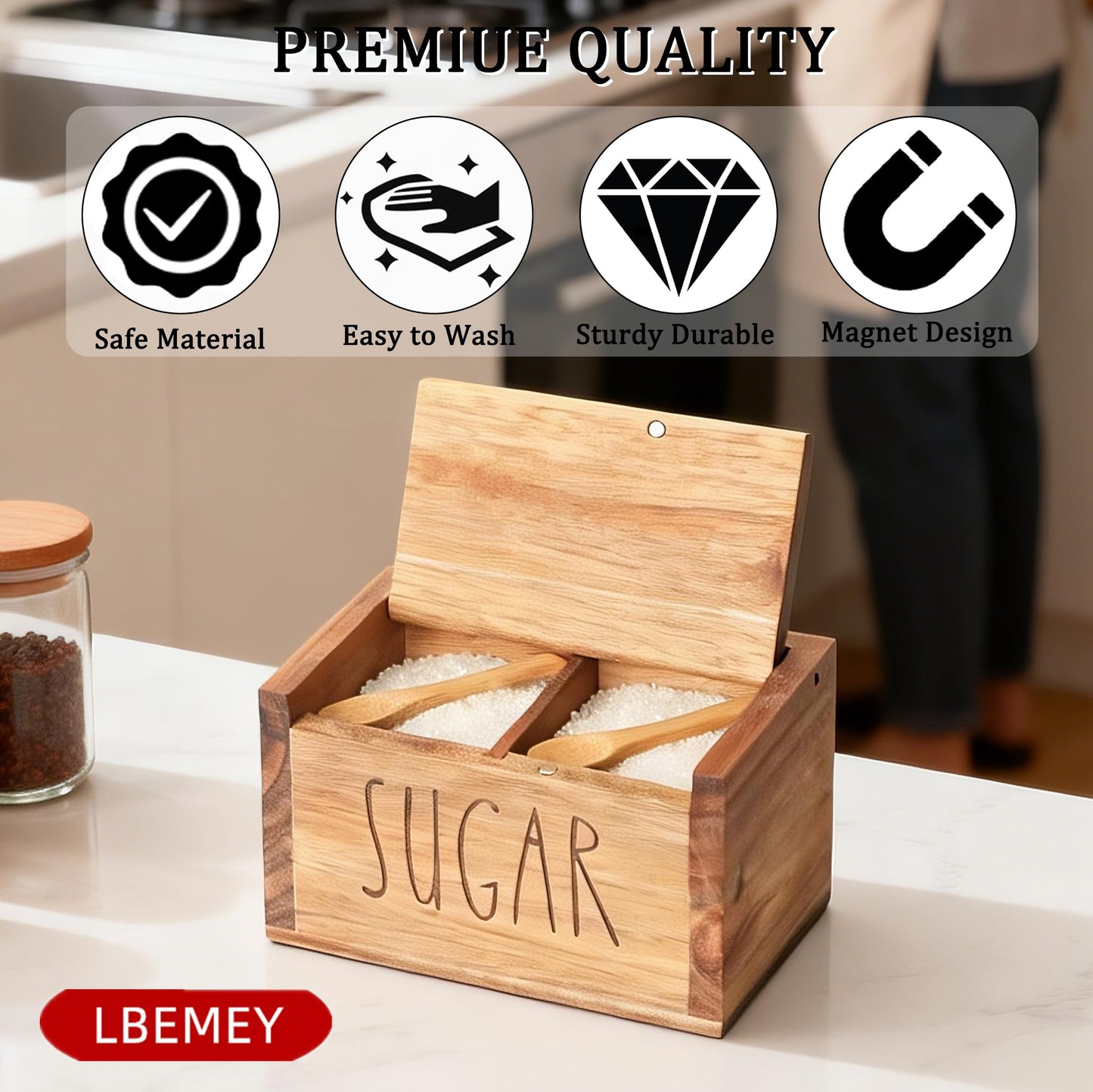 Acacia Wood Spice Box with Lid and Built-in Spoon for Kitchen Countertop, Rectangle Farmhouse Kitchen Decoror for Storing Salt, Peppers, Sugar or Seasonings, Brown (Labeled - “SUGAR”)