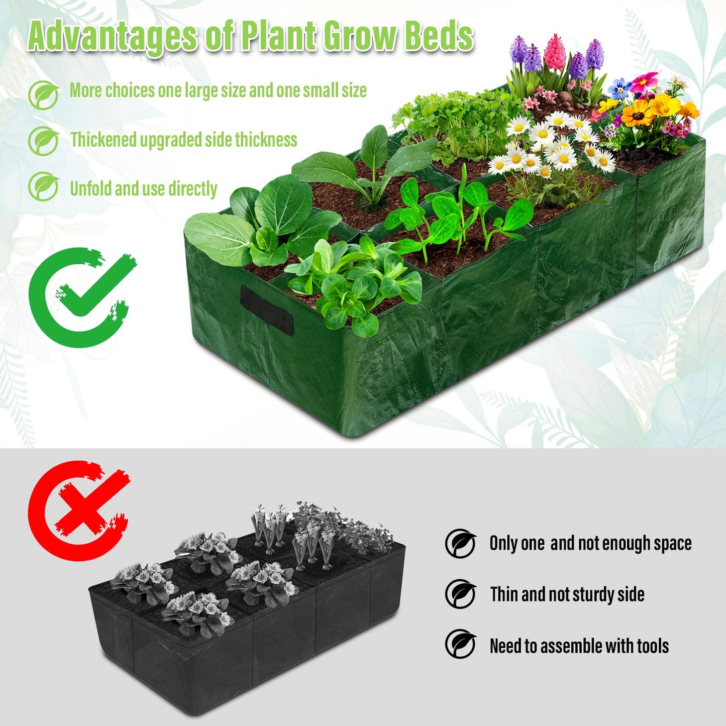 LifeisLuck Fabric Raised Garden Bed, 2 Pack 8 Grids and 4 Grids, 128 Gallon Rectangle Grow Bags with Drainage Holes, Breathable PE Planting Containers for Outdoor Vegetables Fruits Flowers