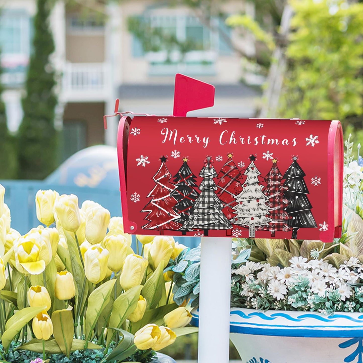 Christmas Tree Mailbox Covers Magnetic Standard Size 21 x 18 Inch Winter Holiday Xmas Snowflake Trees Mailbox Wraps Post Letter Box Cover for Garden Yard Home Decor
