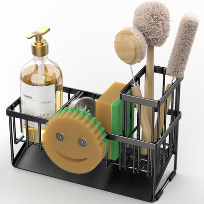 Cisily Kitchen Sink Caddy Organzier with High Brush Holder, Sponge Holder for Sink, 304 Rustproof Stainless, Kitchen Countertop Soap Dispenser Organizer, Kitchen Decor and Accessories