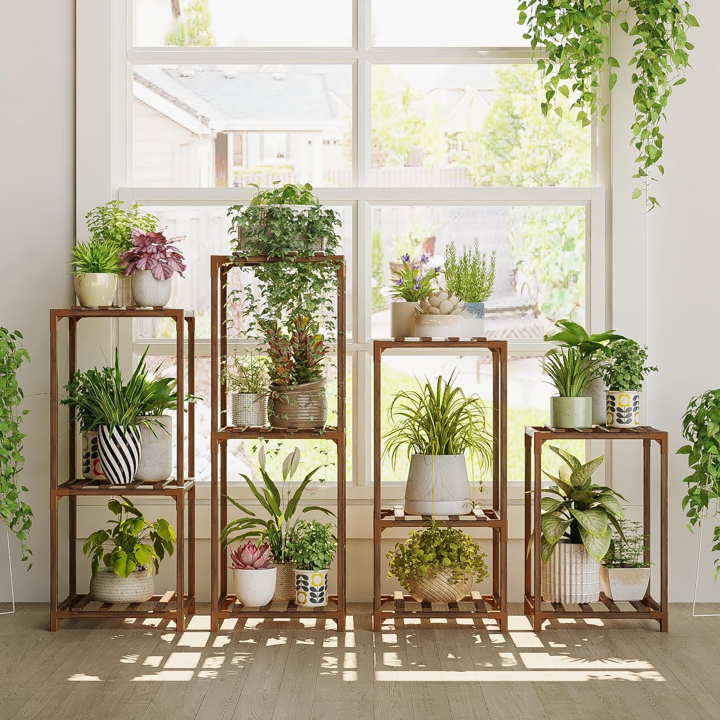 Bamworld Plant Stands Indoor 4 Sets Plant Shelves Outdoor Wooden Plant Holder for Multiple Plants Flower Stands for Living Room Balcony Garden Patio Lawn Window