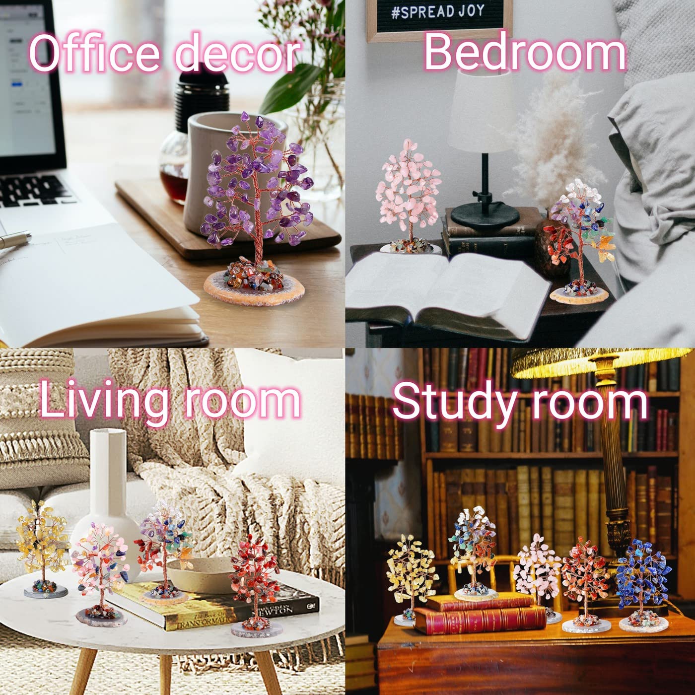 QINJIEJIE Opal Healing Crystals Natural Stone Decor Reiki Gemstone Tree Agate Slice Base Copper Wire Money Tree of Life White Opalite Home Office Decoration Spiritual Luck Gift for Women