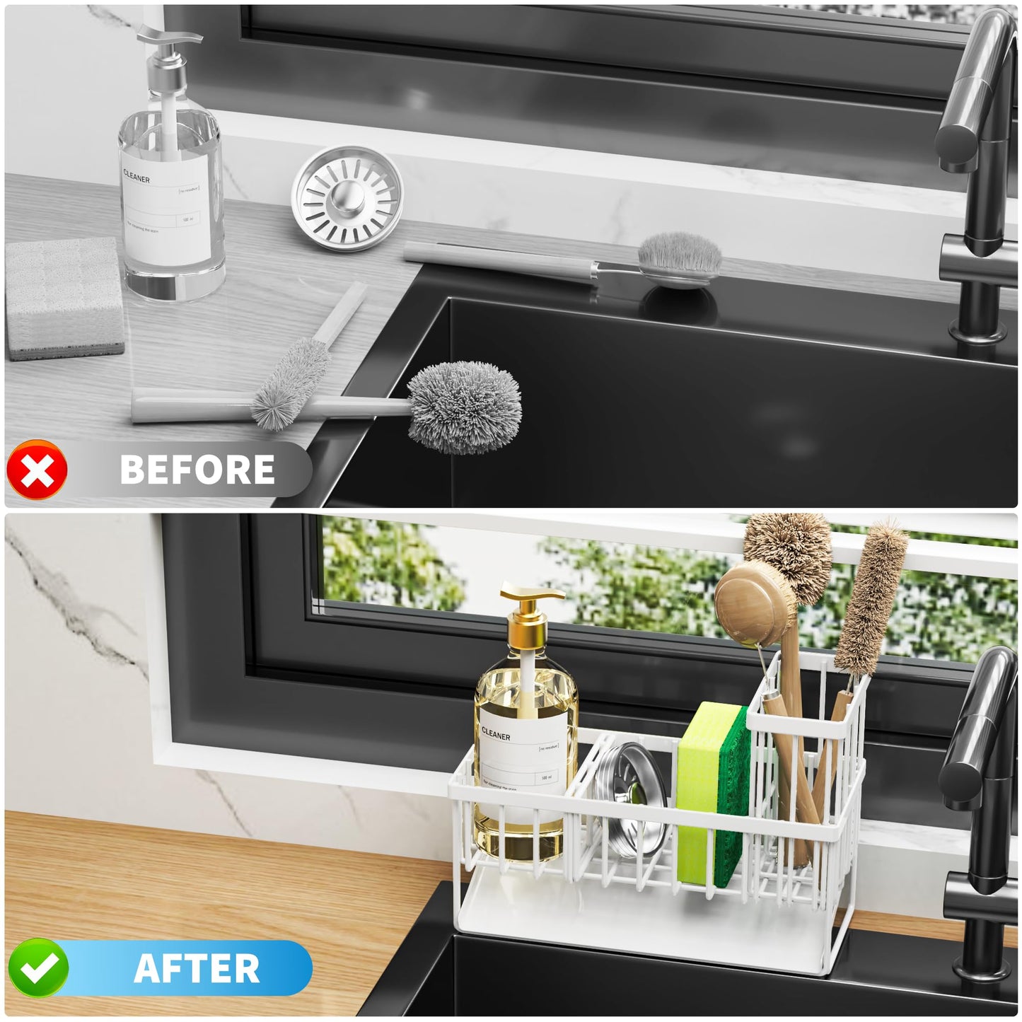 Cisily Kitchen Sink Caddy Organzier with High Brush Holder, Sponge Holder for Sink, 304 Rustproof Stainless, Kitchen Countertop Soap Dispenser Organizer, Kitchen Decor and Accessories