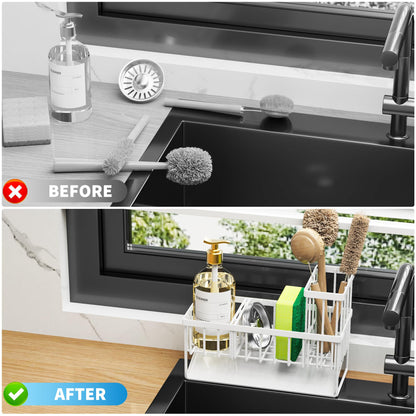 Cisily Kitchen Sink Caddy Organzier with High Brush Holder, Sponge Holder for Sink, 304 Rustproof Stainless, Kitchen Countertop Soap Dispenser Organizer, Kitchen Decor and Accessories