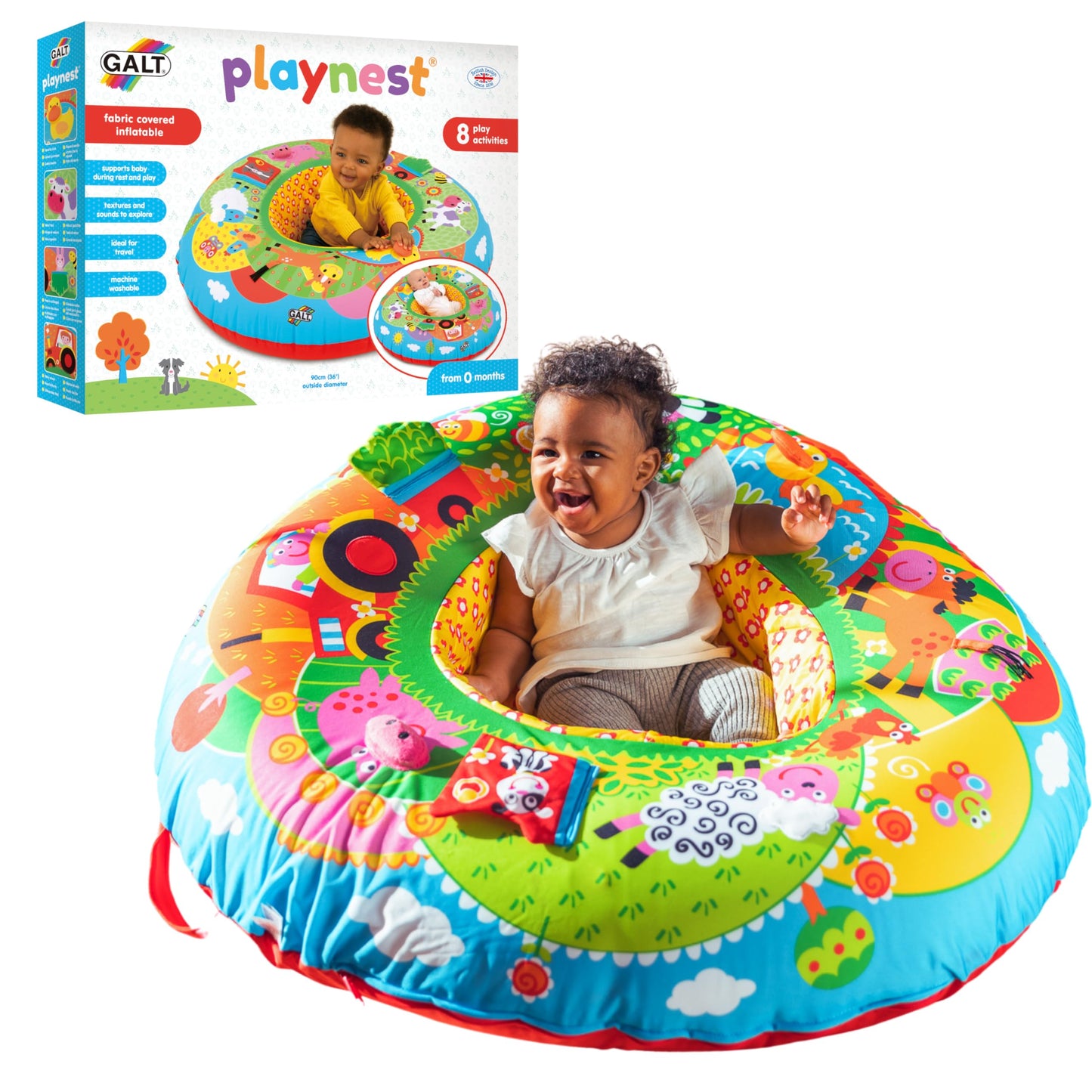 Galt Playnest, Farm - Baby Sit Me Up with Inflatable Ring, Head and Neck Support, 8 Sensory Activities,100cm Diameter and Machine Washable Cover - Easy Travel, Suitable from Birth - Ages 0 Months Plus
