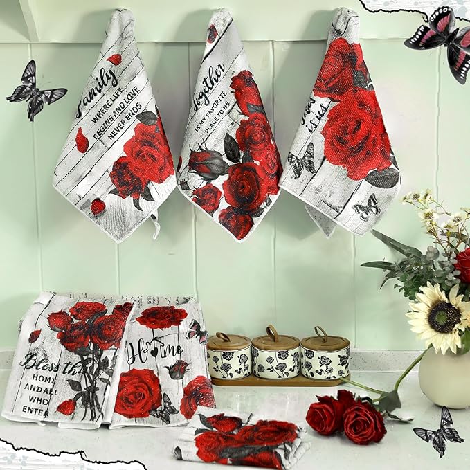 Breling Set of 6 Valentine's Day Red Rose Kitchen Towels Vintage Flowers Dish