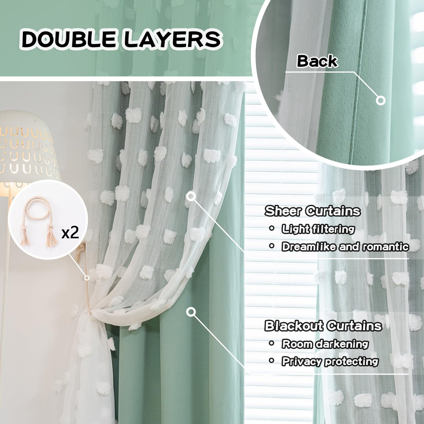 MYSKY HOME Aqua Living Room Curtains Kids Curtains for Boys Bedroom 84 Inches Long Double Layer Curtains for Kids Room Darkening Grommet White Pom Pom Sheer Blackout Curtains 52 x 84 Inch 2 Panels