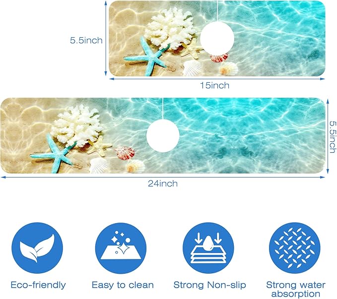 Beach Dish Drying Mat for Kitchen Sink Starfish Coral and Seashell Splash Guard