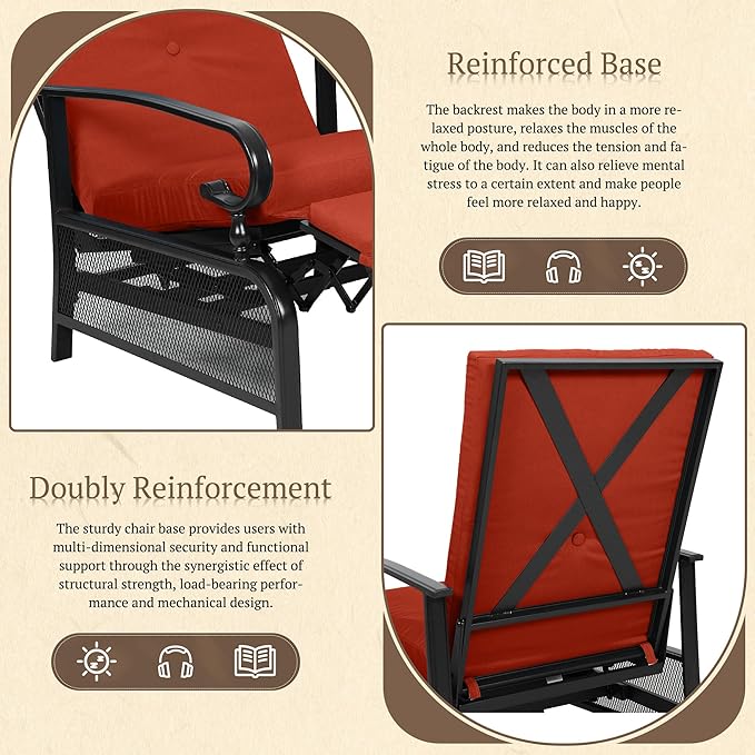 Oakcloud Adjustable Outdoor Lounge Chair Metal Patio Relaxing Recliner Chair with Removable Cushions(Red)
