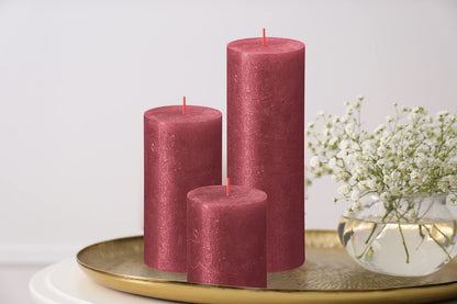 BOLSIUS Red Shimmer Metallic Pillar Candles 4 Pack - 2.75 X 5 Inches - Premium European Quality - Includes Natural Plant-Based Wax - Unscented Dripless Smokeless 60 Hour Party and Wedding Candles