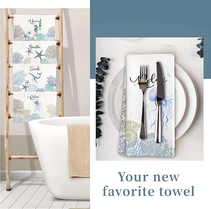 Coastal Hand Towels for Bathroom Set of 4, Relax Breathe Soak Unwind Decorative