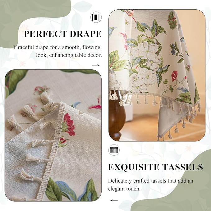 VClife Vintage Floral Butterfly Pattern Tablecloth, Linen Textured Rectangle