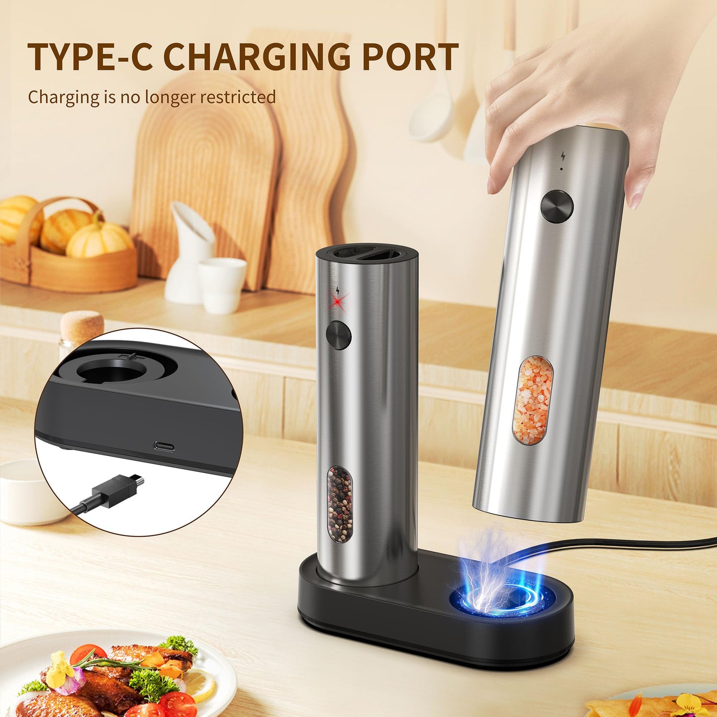 Electric Salt and Pepper Grinder Set (with Rechargeable Base), Featuring LED Lighting, Ideal for Kitchen and Outdoor Use.