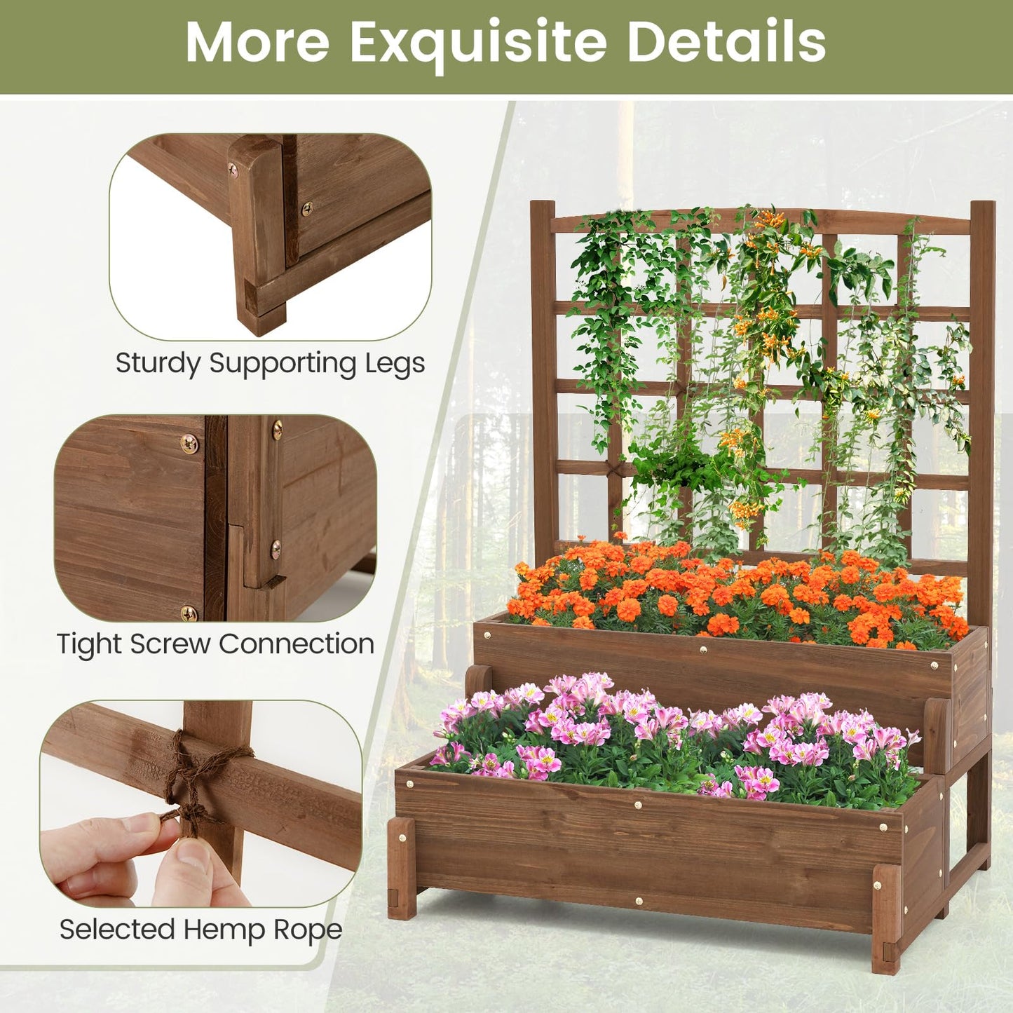 Toolsempire 2-Tier Raised Garden Bed with Trellis, Wooden Elevated Planter Box with Legs, Hemp Rope & Drainage Holes, Raised Plant Bed for Backyard, Garden, Lawn