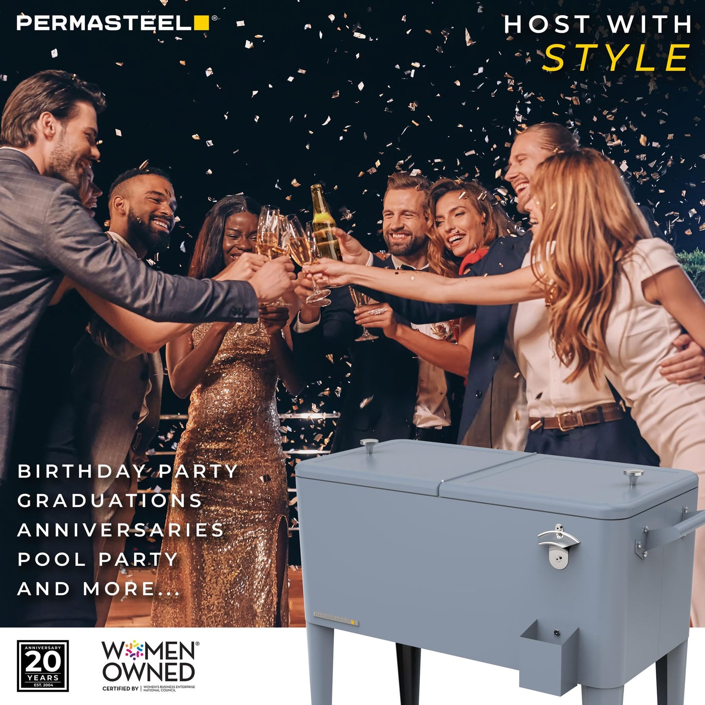 Permasteel Party Cooler with Divider, Spacious 80-Qt Capacity, Chills 36hrs, Serving Tray, Rolling Ice Chest for Indoor and Outdoor Entertainment, Matte Blue