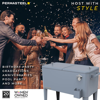 Permasteel Party Cooler with Divider, Spacious 80-Qt Capacity, Chills 36hrs, Serving Tray, Rolling Ice Chest for Indoor and Outdoor Entertainment, Matte Blue