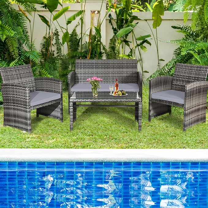 Tangkula 4 Pieces Patio Wicker Conversation Furniture Set, Patiojoy Sofa &