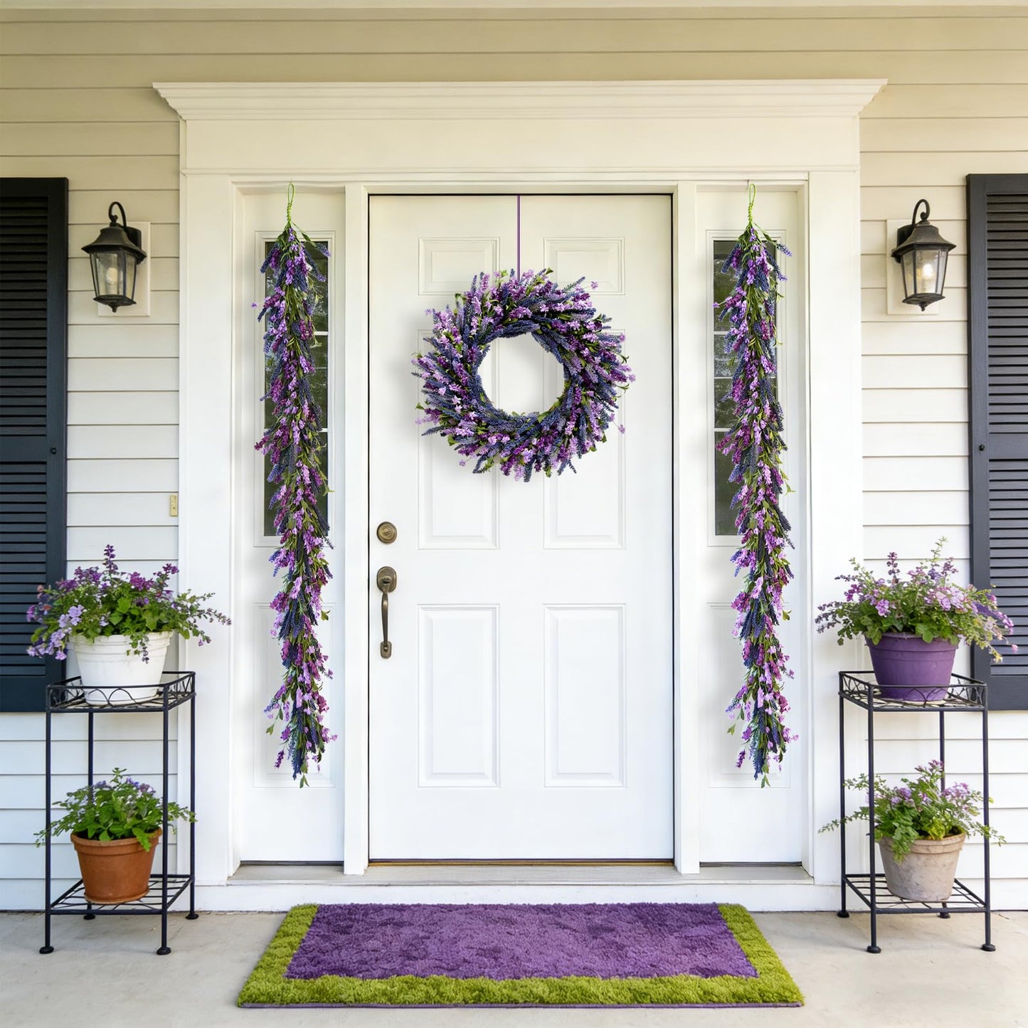 Egolot Purple Lavender Flower Garland for Mantle & Fireplace, 70Inch Spring Summer Garland for Front Door Wedding Decor, Rustic Farmhouse Indoor Outdoor Swag