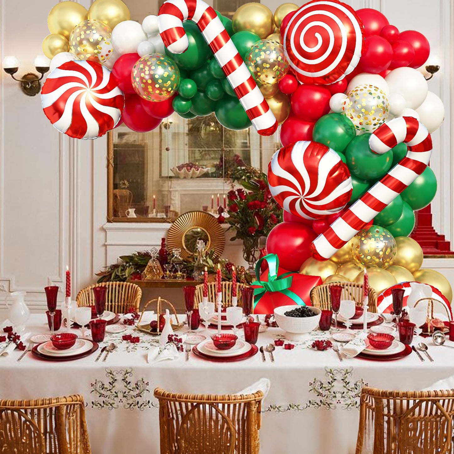 139PCS Christmas Balloon Garland Kit, Red Dark Green White and Metallic Gold Xmas Balloon Arch Set with Candy Cane Gift Box Foil Balloons for New Year Decor Holiday Birthday Party Decorations Supplies