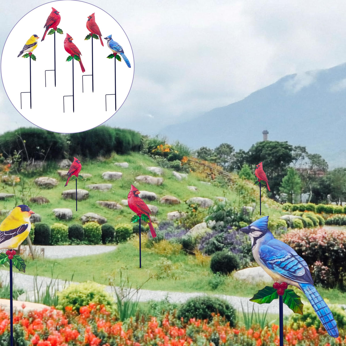 VividLadybug Metal Cardinal Garden Stakes 5 Pack Outdoor Yard Art, Outside Decor for Yard,Garden, Patio Decorations - Bird Lover Gifts
