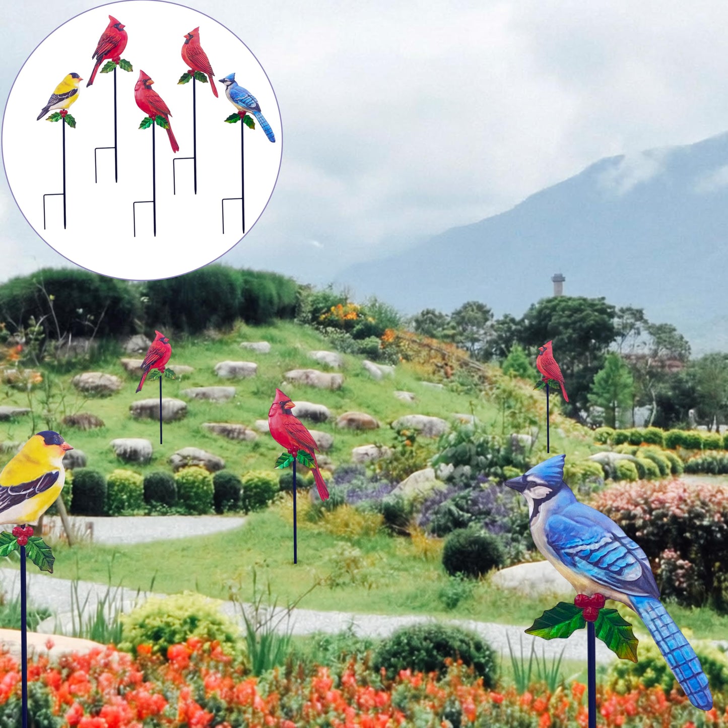 VividLadybug Metal Cardinal Garden Stakes 5 Pack Outdoor Yard Art, Outside Decor for Yard,Garden, Patio Decorations - Bird Lover Gifts