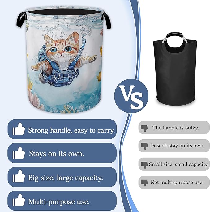 Cute Cat Laundry Basket, Foldable Oxford Cloth Sea Turtle Fish Coral Laundry