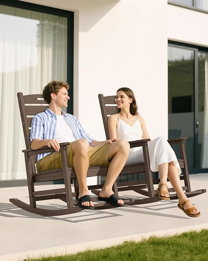 SERWALL Outdoor Rocking Chair, Oversized Rocking Chair with Footrest for Adults, HDPE All Weather Resistant Rocking Chairs for Patio, 350lbs Weight Capacity, Coffee