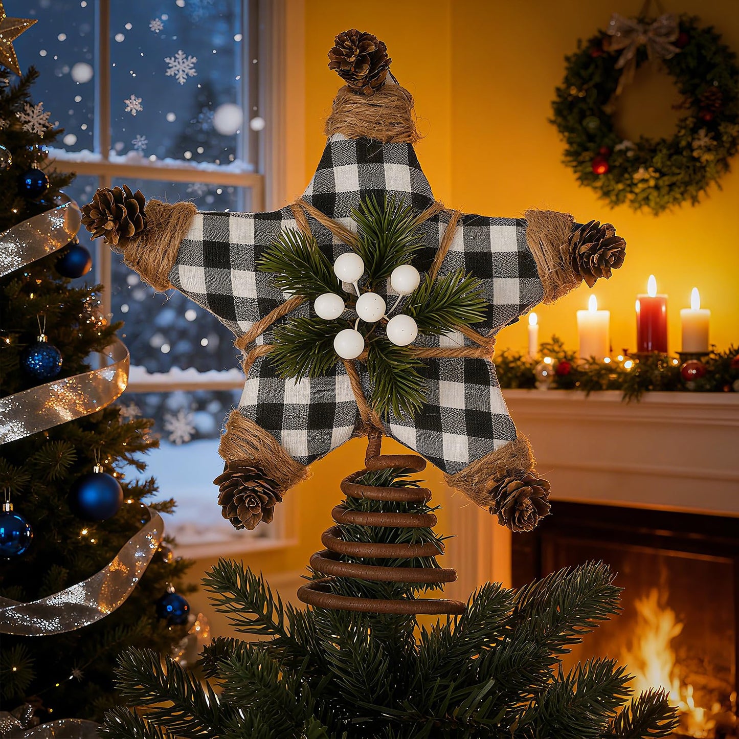 Lenwen Christmas Tree Topper Star 7.9 Inch Buffalo Plaid Star Topper Rustic Christmas Tree Ornaments Decoratione for Home Office Xmas New Year Holiday Decoration