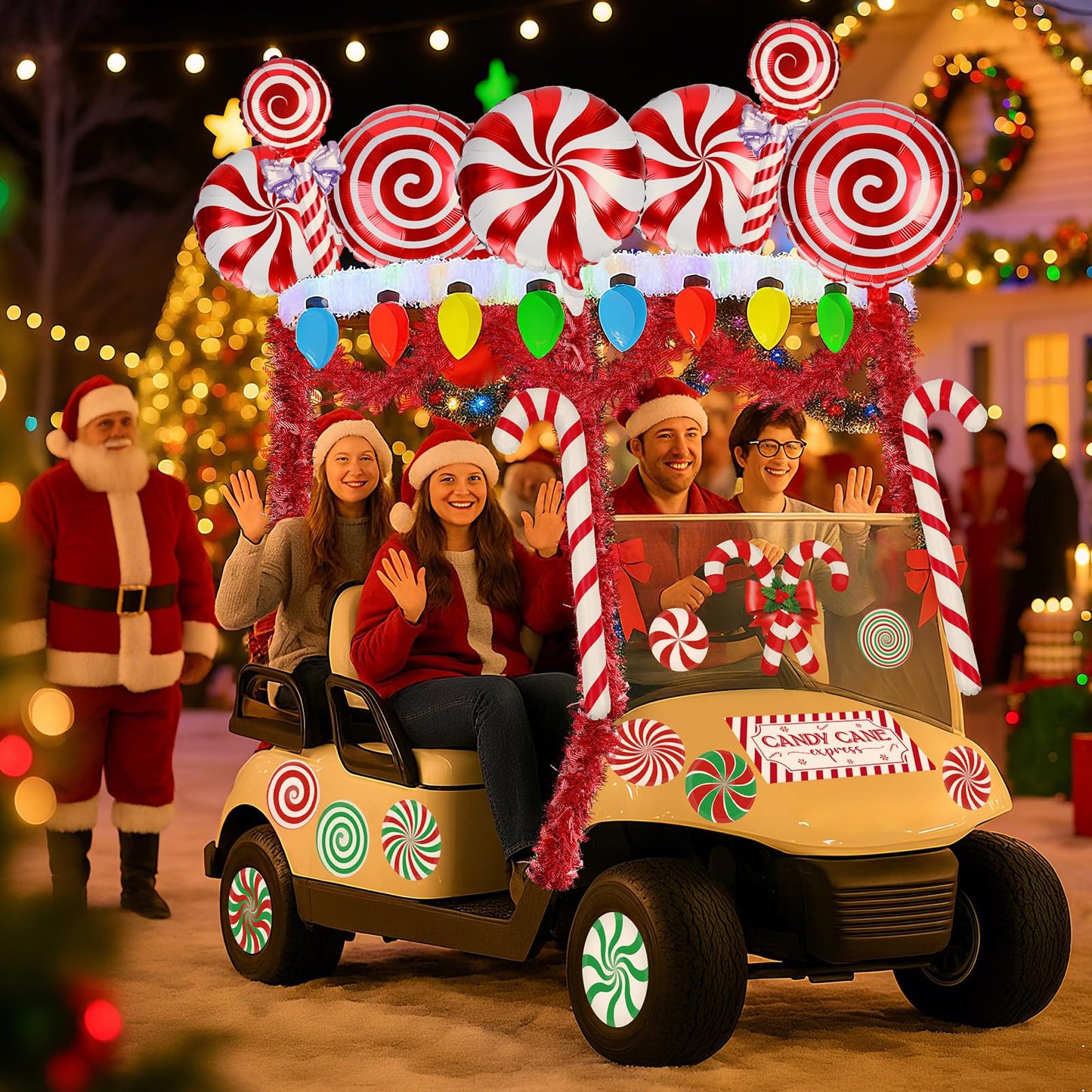 Leyndo 46 Pcs Christmas Golf Cart Decorations Kit Christmas Candy Cane Parade Decor Red Green and White Car Decoration with Banner Candy Cane Hanging Garland Stickers Balloon for Xmas Party