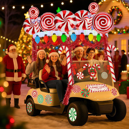 Leyndo 46 Pcs Christmas Golf Cart Decorations Kit Christmas Candy Cane Parade Decor Red Green and White Car Decoration with Banner Candy Cane Hanging Garland Stickers Balloon for Xmas Party