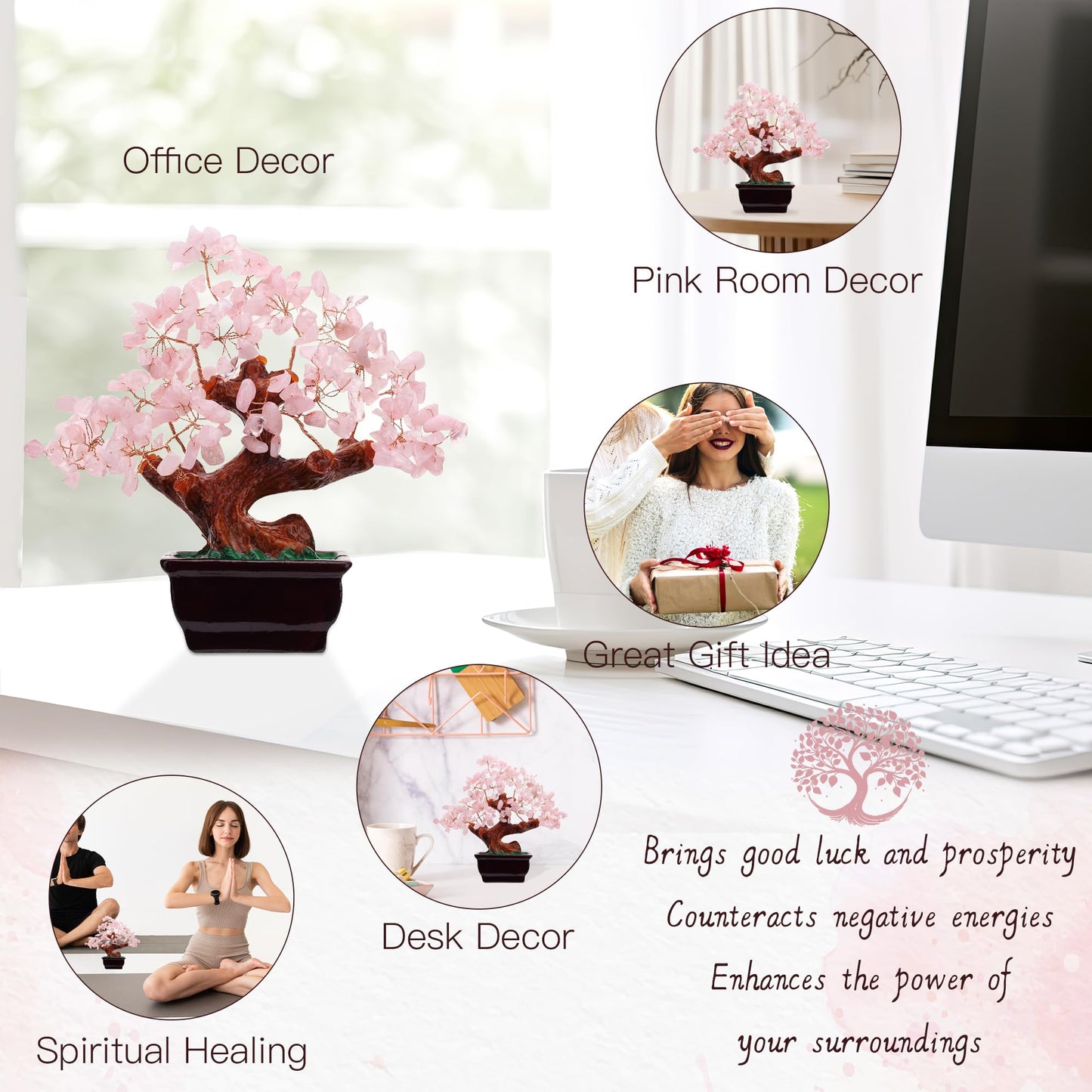 Parma77 Feng Shui Natural Rose Pink Quartz Crystal Money Tree, Healing Crystal Trees Bonsai Style Decoration for Wealth and Luck for Home Decor, Gifts for Women