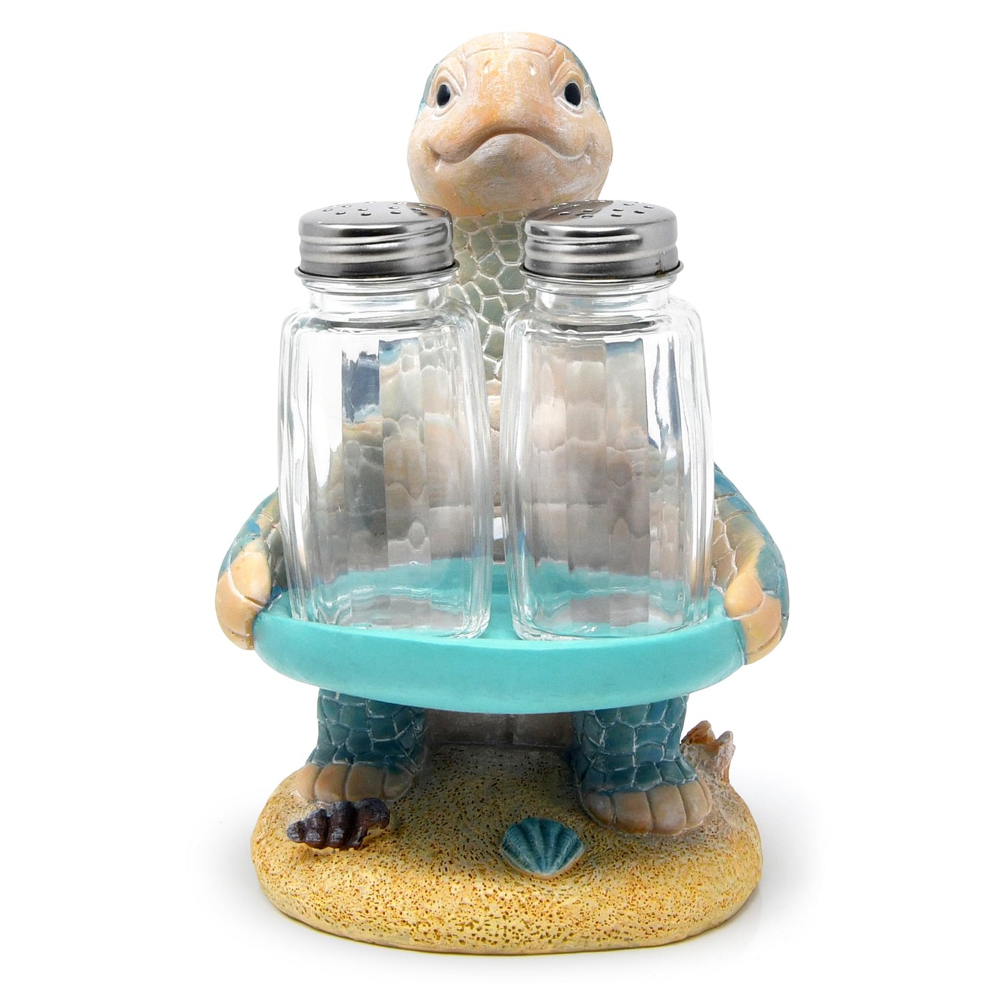 Sea Turtle Salt and Pepper Shakers Set with Holder, Coastal Beach Kitchen Table Decor, Ocean Themed Resin Figurine Set
