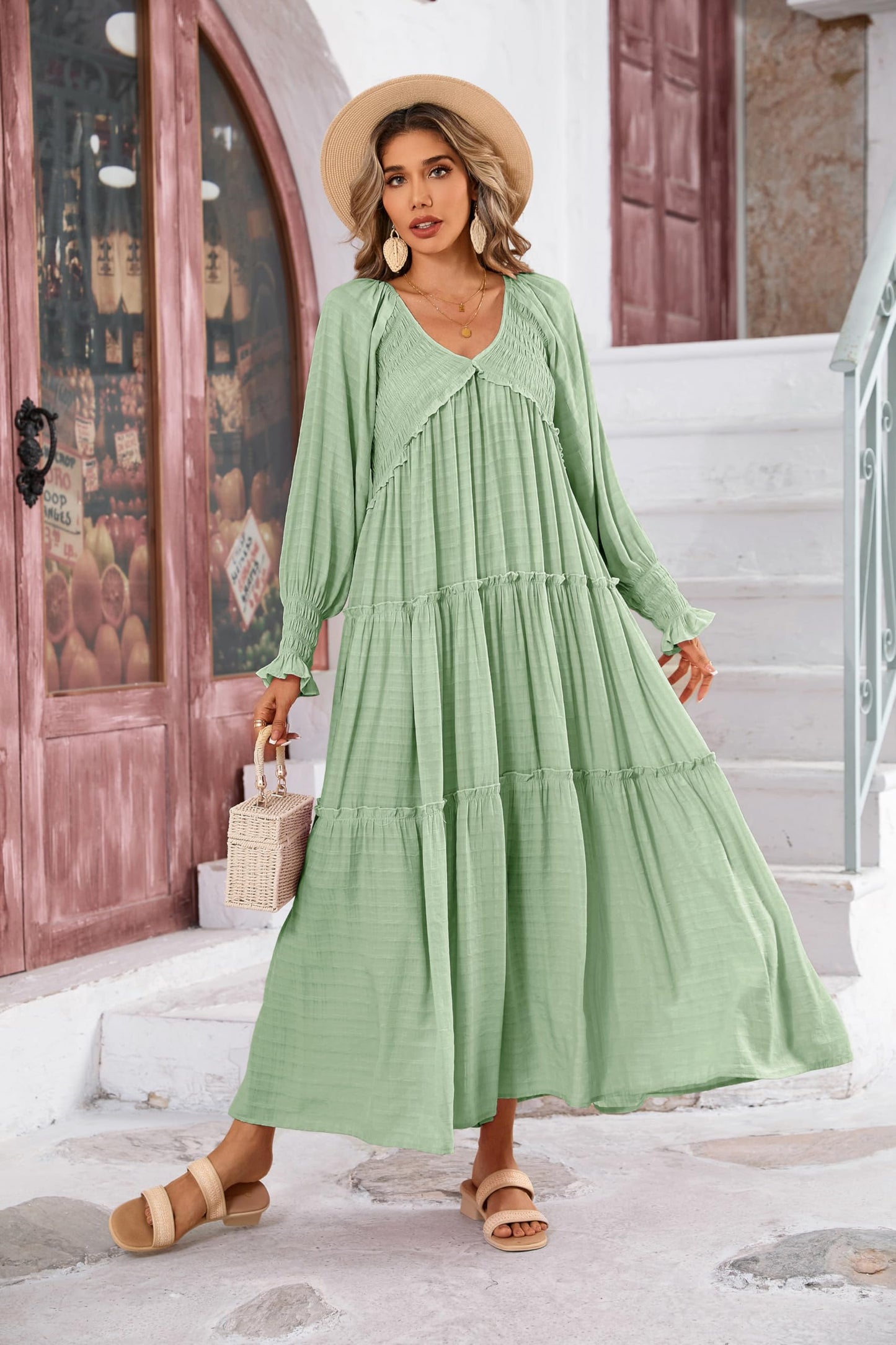 R.Vivimos Maxi Dress for Women Long Sleeve V Neck Empire Waist Layered Ruffle Boho Casual Flowy Long Dresses