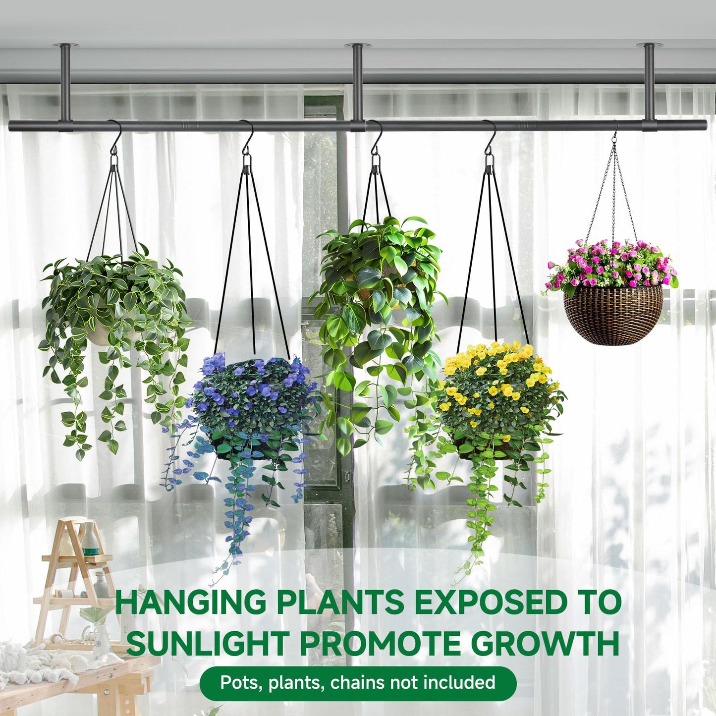 Hanging Planters Rod – Plant Hanger Indoor for Window Ceiling, Hanging Plant Shelf for Wall Planter House Plants, Plant Shelves Metal Holder Bar 63In (Pots, plants, chains not included)
