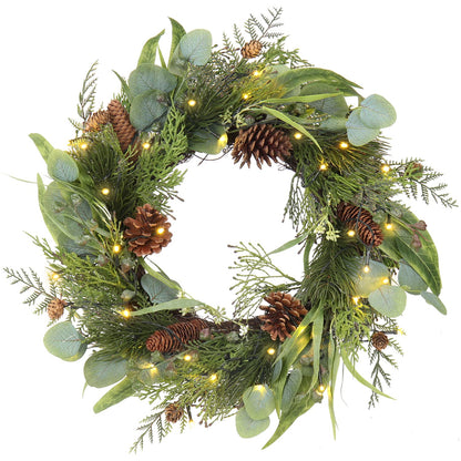 Pre Lit Christmas Wreath for Front Door Lighted Green Wreath Decorated with Pine Cones,Berry Clusters, Abundant Fit Branches 18” Christmas Wreaths for Windows Winter Wreath Hanging Wall Decor