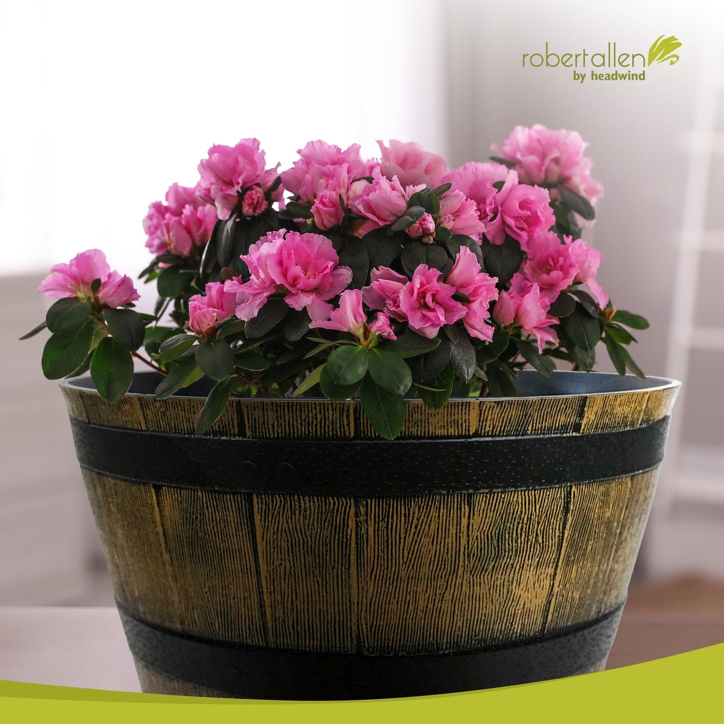 Headwind Whiskey Barrel Planter – 15 Inch New Wood Barrel Planters for Outdoor Plants – Weather-Resistant Flower Pot with Wooden Finish – Decorative Indoor & Outdoor Garden Planter by Robert Allen