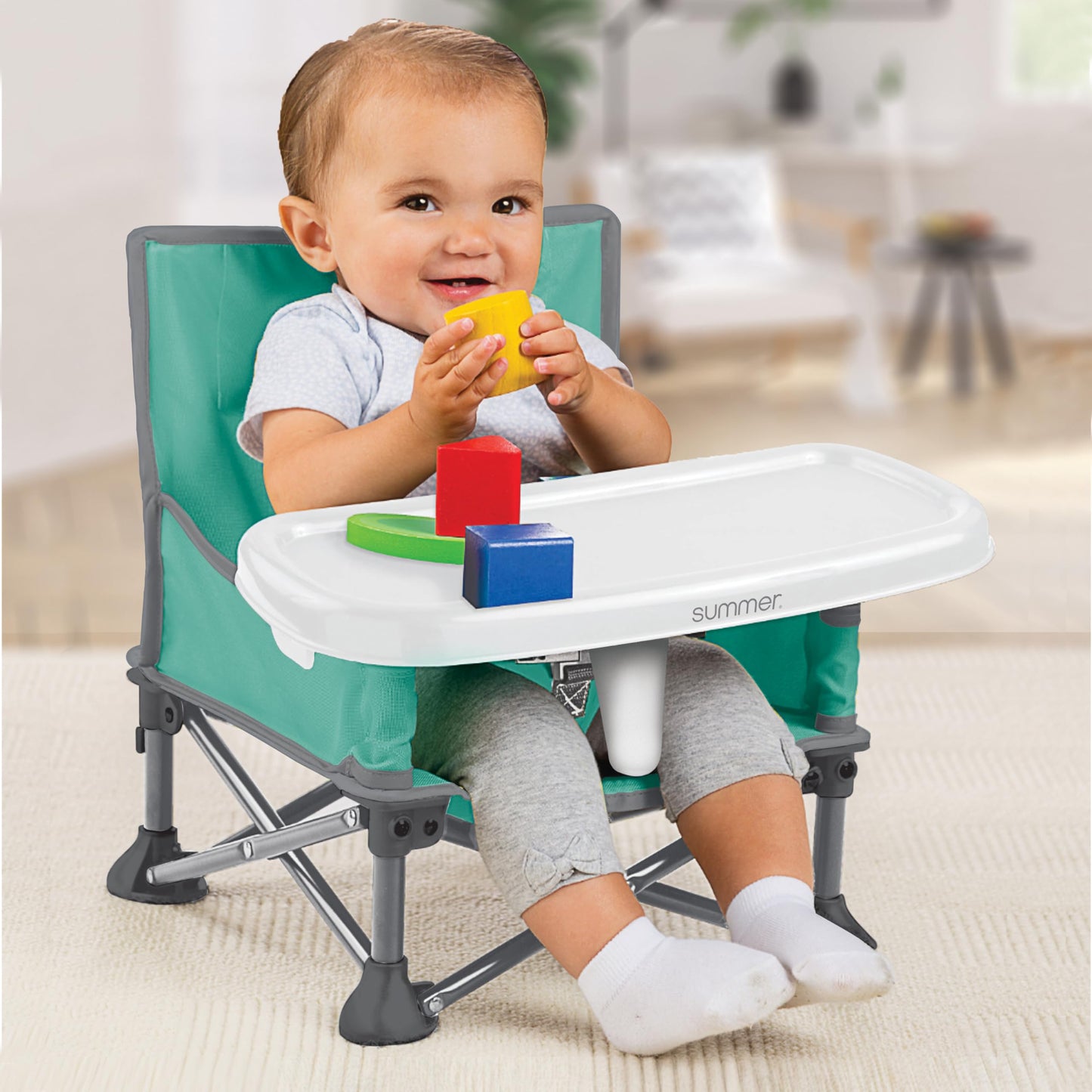 Summer by Bright Starts Pop 'N Sit Portable Booster Chair, Floor Seat, Indoor/Outdoor Use, Compact Fold, Teal, 6 Mos - 3 Yrs