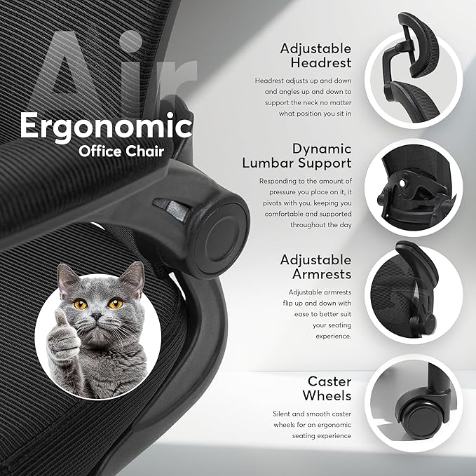 Oline ErgoAir Ergonomic Office Chair – Adjustable Lumbar Support, Flip-Up