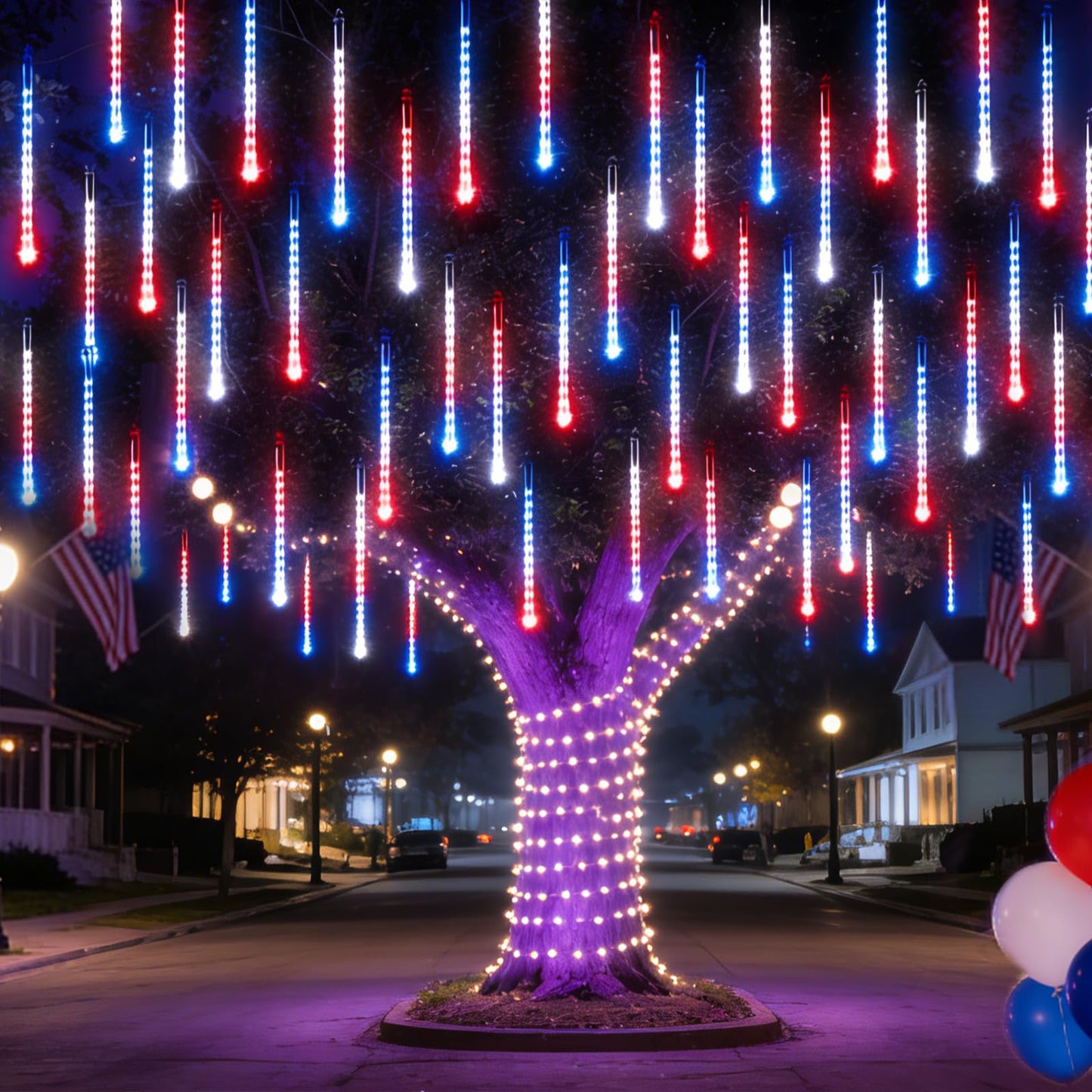 TWINGLEHOME 10 Set 12" 240 LED Meteor Lights with Built-in Connectors – Red, Blue, White for Nation Day