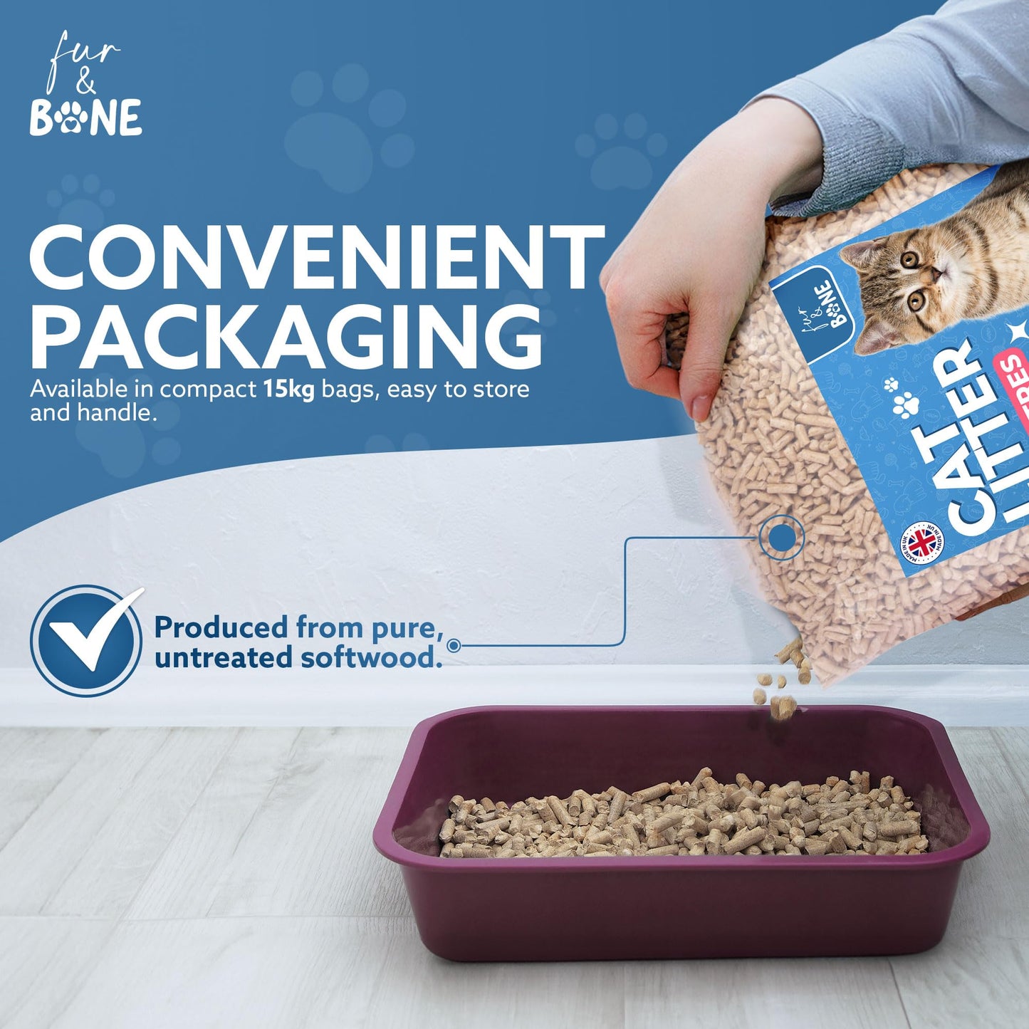 Fur & Bone 1 x 30L Cat Litter - Ultra Absorbent Biodegradable Wooden Pellets, Natural Scent, Odour Control, Soft Bedding for Comfort, Made from Virgin Wood - Scandinavian Timber Aroma