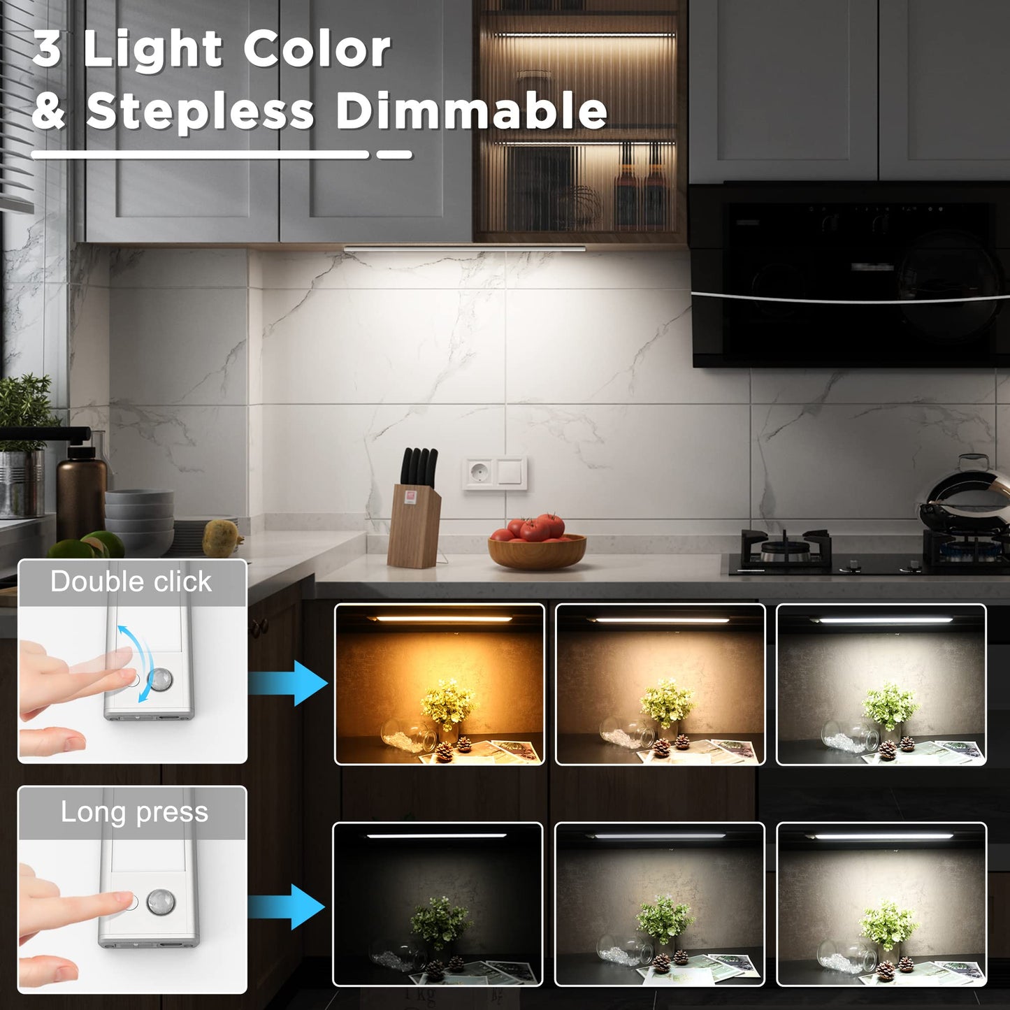 SOAIY LED Dimmable Under-Unit Light 60 cm Kitchen Lamp 3000 mAh Rechargeable Cabinet Lighting with Motion Sensor 3 Light Heat 2700 K,6500 K Magnetic Light Strip for Kitchen Cupboard Wardrobe Bathroom
