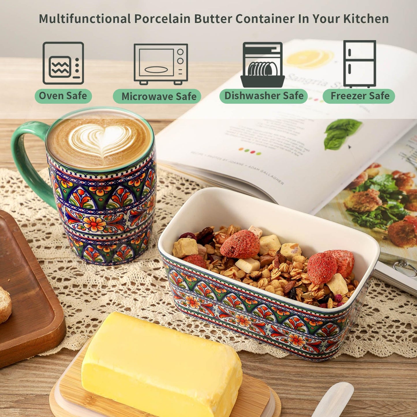 Tikooere Ceramic Butter Dish with Lid,Large Butter Container with Airtight Cover for Countertop or Refrigerator,Farmhouse Kitchen Butter Holder for New Year Gift,Dishwasher Safe,Green Printing