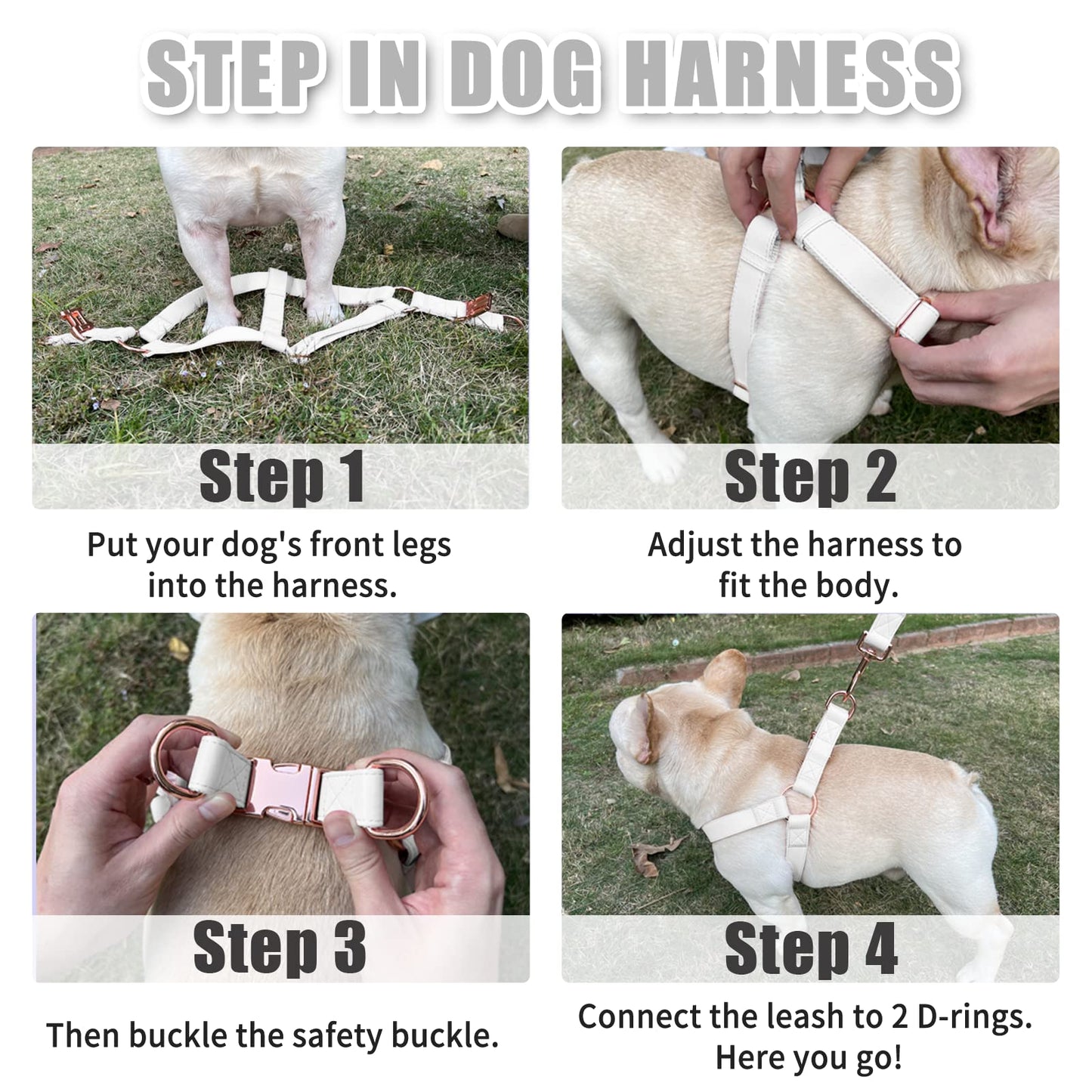 Soft Leather No Pull Dog Harness - Adjustable Step in Dog Harness with Rose Gold Heavy Duty Metal Buckle, Freedom Nylon Dog Halter Vests for Small Medium Large Dogs Easy Walking Training (White,L)